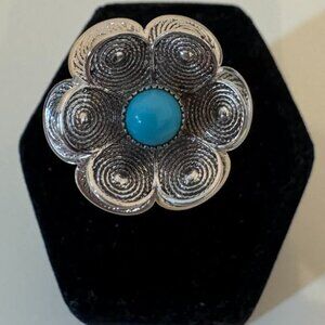 Vintage Sarah Coventry Silver Tone Flower Ring Turquoise Center Adjustable 7.25